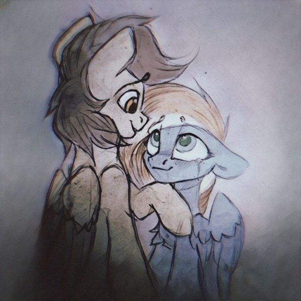 Size: 640x640 | Tagged: safe, artist:riley sanderson, derpibooru import, oc, oc:riley sanderson, oc:terra setri, pegasus, pony, blue coat, brown mane, cheering, cheering up, chest fluff, couple, crying, cute, floppy ears, gray background, hoof hold, image, intersex, jpeg, love, male, pegasus oc, romance, romantic, simple background, sketch, smiling, tears of joy, wings, yellow coat