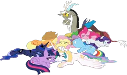 Size: 1435x849 | Tagged: safe, artist:pascalmulokozi2, derpibooru import, edit, edited screencap, screencap, applejack, discord, fluttershy, pinkie pie, princess celestia, princess luna, rainbow dash, rarity, twilight sparkle, draconequus, season 9, the ending of the end, spoiler:s09, defeat, defeated, image, mane six, not a vector, png, scared