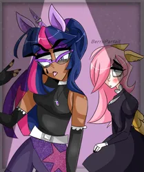 Size: 1005x1202 | Tagged: safe, artist:berriiparfait, derpibooru import, fluttershy, twilight sparkle, human, blushing, dark skin, duo, eared humanization, female, fluttergoth, goth, horn, horned humanization, humanized, image, png, tongue out, winged humanization, wings