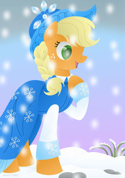 Size: 1280x1811 | Tagged: safe, artist:lavenderrain24, derpibooru import, applejack, earth pony, pony, female, image, jpeg, snow, winter