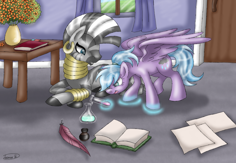 Size: 1200x832 | Tagged: safe, artist:lavenderrain24, derpibooru import, zecora, oc, oc:lavender rain, pegasus, pony, zebra, duo, female, glow, glowing hooves, image, magic, pegasus oc, png, wings