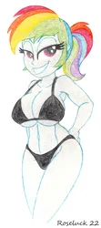 Size: 850x1920 | Tagged: suggestive, artist:roseluck, derpibooru import, rainbow dash, human, equestria girls, abs, absolute cleavage, alternate hairstyle, bare shoulders, bedroom eyes, belly button, big breasts, bikini, bikini babe, black bikini, black swimsuit, breasts, busty rainbow dash, butt touch, cleavage, clothes, colored pencil drawing, faic, female, hand on butt, huge breasts, image, looking at you, midriff, open mouth, open smile, png, ponytail, simple background, smiling, smiling at you, smug, smugdash, solo, solo female, swimsuit, traditional art, two-piece swimsuit, white background, wide hips