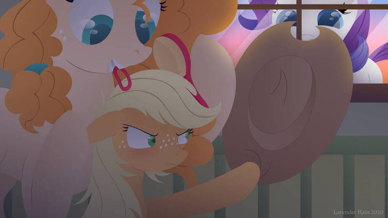 Size: 1192x670 | Tagged: safe, artist:lavenderrain24, derpibooru import, applejack, pear butter, rarity, earth pony, pony, unicorn, blushing, embarrassed, female, filly, filly applejack, image, jpeg, trio, younger