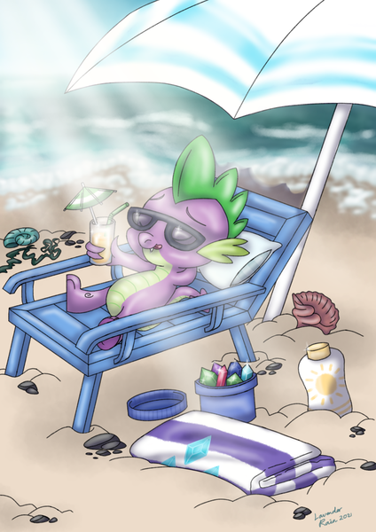 Size: 1240x1754 | Tagged: safe, artist:lavenderrain24, derpibooru import, spike, dragon, beach, drink, drinking straw, image, male, png, sand, solo, sunbathing, sunglasses, sunscreen, towel, water