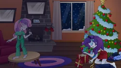 Size: 1192x670 | Tagged: safe, artist:lavenderrain24, derpibooru import, rarity, sweetie belle, equestria girls, candy, candy cane, christmas, christmas tree, duo, female, food, holiday, image, jpeg, singing, tree