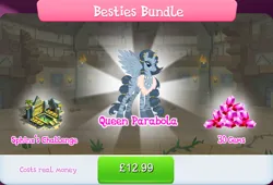 Size: 1267x861 | Tagged: safe, derpibooru import, idw, official, queen parabola, alicorn, pony, zebra, zebra alicorn, bridge, bundle, costs real money, ear piercing, earring, english, female, fire, gameloft, gem, horn, horn ring, idw showified, image, jewelry, jpeg, mare, necklace, numbers, palm tree, piercing, pillar, ring, sale, solo, solo focus, spread wings, text, tree, wings