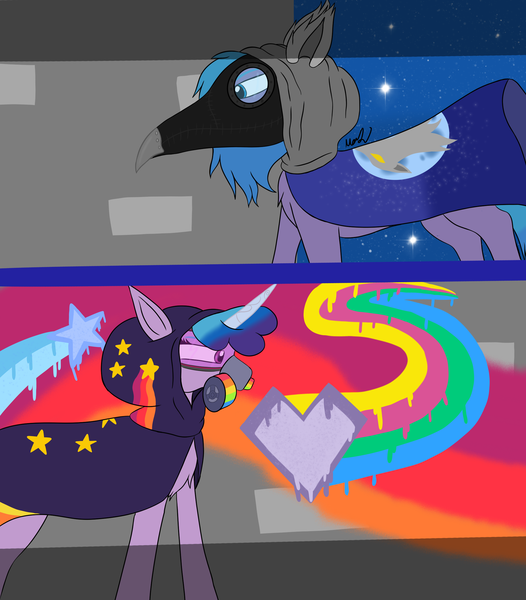 Size: 2093x2388 | Tagged: safe, derpibooru import, izzy moonbow, oc, oc:oleander nightshade, oc:olly, earth pony, pony, unicorn, my little pony: tell your tale, spoiler:g5, spoiler:my little pony: tell your tale, spoiler:tyts01e34, clothes, earth pony oc, female, g5, hoodie, image, male, mare, plague doctor, plague doctor mask, png, sneaksy, sneaksy strikes again, split screen, spray paint, stand off, street art, two sides