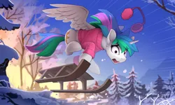 Size: 2500x1504 | Tagged: safe, artist:yakovlev-vad, derpibooru import, princess celestia, alicorn, pony, clothes, earmuffs, eye clipping through hair, female, forest, image, mare, open mouth, png, snow, spread wings, sweater, this will end in pain, tree, wings, winter