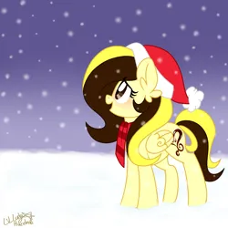 Size: 3000x3000 | Tagged: safe, artist:ladylullabystar, derpibooru import, oc, oc:guylian, unofficial characters only, pegasus, pony, christmas, clothes, female, hat, holiday, image, mare, png, santa hat, scarf, snow, snowfall, solo, striped scarf