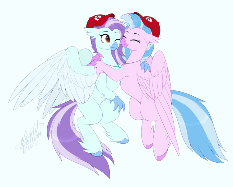 Size: 3634x2912 | Tagged: safe, artist:scarlet-spectrum, derpibooru import, silverstream, oc, oc:ocean breeze, oc:ocean breeze (savygriffs), hippogriff, canon x oc, duo, duo female, female, hat, hippogriff oc, hug, image, kansas city chiefs, lesbian, oceanstream, png