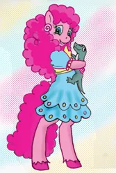 Size: 1024x1532 | Tagged: safe, artist:tielgar, derpibooru import, gummy, pinkie pie, alligator, anthro, earth pony, unguligrade anthro, female, image, jpeg, solo