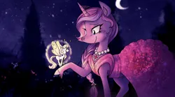 Size: 3000x1667 | Tagged: safe, artist:themagicbrew, derpibooru import, lily lightly, breezie, pony, unicorn, clothes, dress, duo, g3, g3 to g4, g4, generation leap, image, night, png