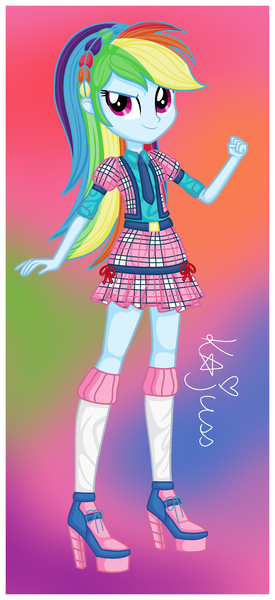 Size: 1448x3160 | Tagged: safe, artist:machakar52, derpibooru import, rainbow dash, human, equestria girls, alternate hairstyle, clothes, female, hair braid, high heels, image, long hair, looking at you, necktie, png, school uniform, shoes, socks, solo, winx club