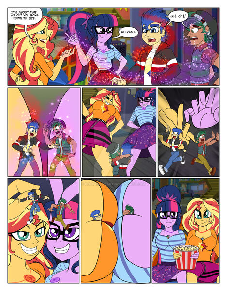 Size: 1920x2454 | Tagged: safe, artist:dncsamsonart, derpibooru import, flash sentry, sunset shimmer, timber spruce, twilight sparkle, human, equestria girls, between breasts, breasts, finger snap, image, jpeg, looming, male, micro, shrinking, size difference, smaller male, smuglight sparkle, smugset shimmer, sunset's apartment