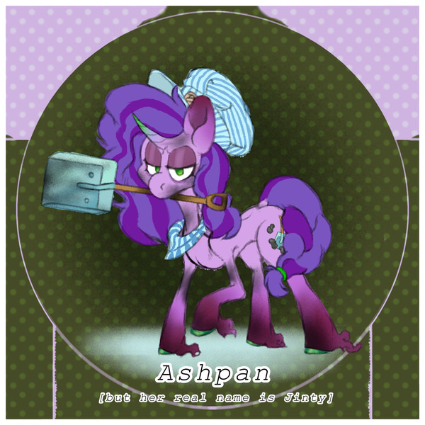 Size: 1350x1350 | Tagged: safe, artist:dant, derpibooru import, oc, oc:jinty, unicorn, bags under eyes, bandana, braid, braided tail, coal, colored, dirty, eyeshadow, female, flat colors, gradient hooves, gradient horn, green eyes, hat, horn, image, jpeg, makeup, mouth hold, pattern, purple hair, raised hoof, reference sheet, shovel, simple background, solo, solo female, tail, tired, train, two toned mane, unshorn fetlocks