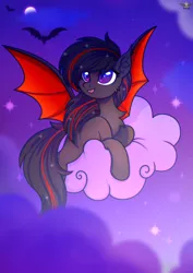 Size: 3000x4241 | Tagged: safe, artist:leah minik, derpibooru import, oc, oc:predawn dew, unofficial characters only, bat, bat pony, pony, bat pony oc, bat wings, chest fluff, cloud, colored wings, commission, ear fluff, fangs, female, full body, image, looking at something, looking up, lying down, lying on a cloud, mare, moon, night, night sky, on a cloud, open mouth, open smile, png, purple eyes, sky, sky background, smiling, solo, spread wings, stars, tail, two toned mane, two toned tail, two toned wings, wings, ych result