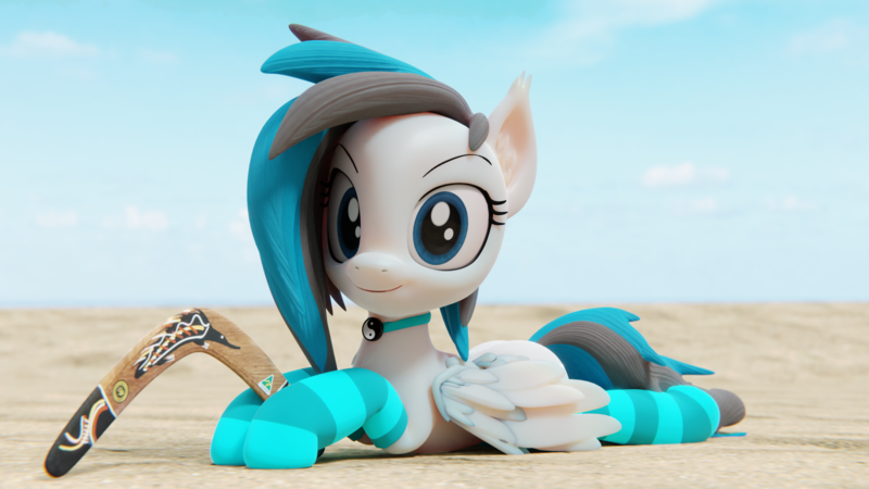 Size: 3840x2160 | Tagged: safe, artist:dieanondie, derpibooru import, oc, oc:mareana sweetie, unofficial characters only, bat pony, pegasus, pony, 3d, beach, blender, boomerang, clothes, collar, female, hybrid oc, image, mare, png, socks, solo, striped socks, yin-yang