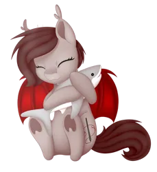 Size: 1280x1398 | Tagged: safe, artist:bloodyartwork, derpibooru import, oc, unofficial characters only, bat pony, pony, shark, bat pony oc, bat wings, cute, eyes closed, female, image, plushie, png, shark plushie, simple background, solo, transparent background, underhoof, wings