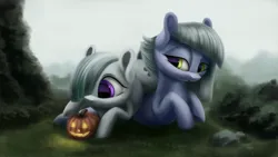Size: 4000x2250 | Tagged: safe, artist:flusanix, derpibooru import, limestone pie, marble pie, earth pony, pony, duo, female, halloween, holiday, image, jack-o-lantern, png, pony pile, pumpkin, siblings, sisters