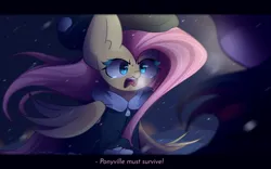Size: 2400x1500 | Tagged: safe, artist:miryelis, derpibooru import, fluttershy, twilight sparkle, pegasus, pony, unicorn, big ears, clothes, crossover, crying, emotional, frostpunk, image, long hair, open mouth, png, snow, snowfall, standing, text, wind, wings