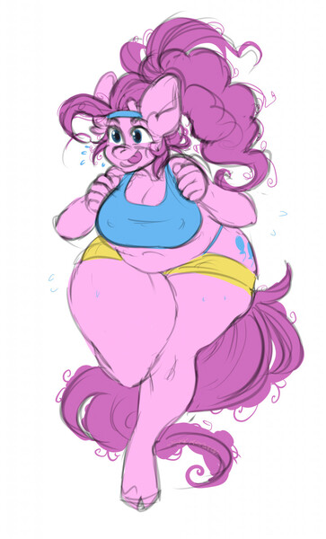 Size: 775x1280 | Tagged: suggestive, artist:sad_kiersten, derpibooru import, pinkie pie, anthro, earth pony, unguligrade anthro, bbw, belly, big belly, breasts, chubby, cleavage, clothes, erect nipples, fat, female, headband, hips, image, jpeg, nipple outline, open mouth, pudgy pie, rough sketch, shorts, solo, sports bra, sports shorts, sweat, thighs, thunder thighs, tongue out, wide hips, workout outfit
