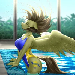 Size: 1280x1280 | Tagged: safe, artist:mykegreywolf, derpibooru import, oc, oc:static spark, anthro, pegasus, breasts, clothes, eyes closed, female, hips, image, jpeg, one-piece swimsuit, pegasus oc, short hair, solo, spread wings, swimming pool, swimsuit, thighs, water, wet, wings