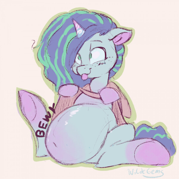 Size: 1280x1280 | Tagged: suggestive, artist:wildegems, derpibooru import, pony, unicorn, g5, belly, belly button, big belly, clothes, female, hair over one eye, horn, image, jpeg, mare, misty brightdawn, pregnant, shirt, shirt lift, solo, spread legs, spreading, tongue out