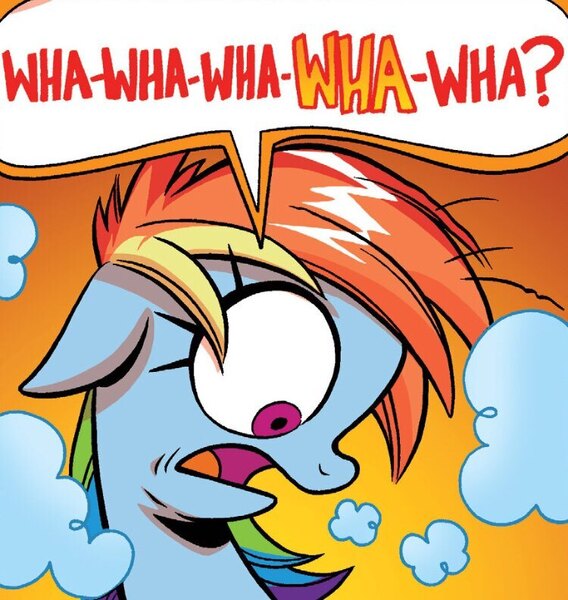 Size: 750x792 | Tagged: safe, artist:brendahickey, derpibooru import, idw, rainbow dash, pegasus, pony, spoiler:comic, spoiler:comicff25, dialogue, female, g4, gradient background, image, jpeg, mare, solo, speech bubble, stuttering