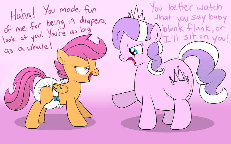 Size: 1280x800 | Tagged: safe, artist:fillyscoots42, derpibooru import, diamond tiara, scootaloo, earth pony, pegasus, pony, ask chubby diamond, ask crinkleloo, chubby diamond, diaper, fat, female, filly, foal, height difference, image, looking at each other, looking at someone, png