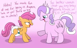 Size: 1280x800 | Tagged: safe, artist:fillyscoots42, derpibooru import, diamond tiara, scootaloo, earth pony, pegasus, pony, ask chubby diamond, ask crinkleloo, chubby diamond, diaper, fat, female, filly, foal, height difference, image, looking at each other, looking at someone, png