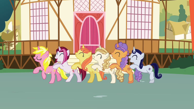 Size: 1920x1080 | Tagged: safe, artist:boneswolbach, artist:ironm17, derpibooru import, cayenne, citrus blush, moonlight raven, pretzel twist, sunshine smiles, sweet biscuit, pony, unicorn, alternate mane six, bipedal, butt touch, conga, dancing, eyes closed, female, hoof on butt, image, jpeg, mare, ponyville, ponyville town hall