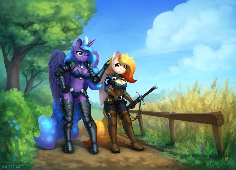 Size: 2500x1800 | Tagged: suggestive, artist:asimos, derpibooru import, princess luna, oc, alicorn, anthro, pegasus, armor, boob window, breasts, cleavage, image, png, unconvincing armor