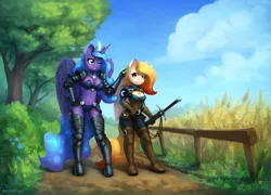 Size: 2500x1800 | Tagged: suggestive, artist:asimos, derpibooru import, princess luna, oc, alicorn, anthro, pegasus, armor, boob window, breasts, cleavage, image, png, unconvincing armor