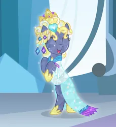 Size: 1708x1864 | Tagged: safe, artist:badumsquish, derpibooru import, star tracker, crystal pony, earth pony, pony, alternate hairstyle, ceremonial headdress, clothes, colt, cosplay, costume, crossdressing, crossplay, crystal empire, crystal heart, crystallized, derpibooru exclusive, dress, eyelashes, fangirling, femboy, foal, freckles, gem, glow, happy, heart, hoofy-kicks, horseshoes, image, implied princess cadance, jewelry, male, open mouth, png, race swap, rearing, regalia, show accurate, solo, sparkling, squee, starcrossed, the crystal empire 10th anniversary, tiara