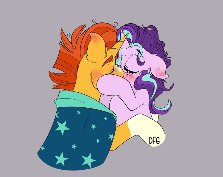 Size: 3277x2593 | Tagged: safe, artist:dragonfoxgirl, derpibooru import, starlight glimmer, sunburst, pony, unicorn, female, image, jpeg, kissing, male, shipping, starburst, straight