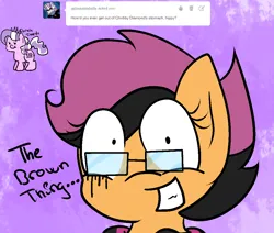 Size: 1024x868 | Tagged: safe, artist:askscootahipster, derpibooru import, diamond tiara, scootaloo, earth pony, pony, ask scootahipster, ask, bust, crying, female, filly, foal, glasses, image, implied full tour, implied vore, png, scootahipster, shrunken pupils, solo