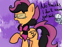 Size: 800x600 | Tagged: safe, artist:askscootahipster, derpibooru import, scootaloo, silver spoon, pegasus, pony, ask scootahipster, clothes, eyes closed, female, filly, foal, glasses, image, implied vore, png, scarf, scootahipster, solo focus