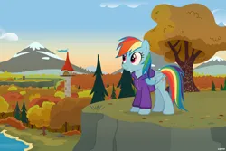 Size: 6000x4000 | Tagged: safe, artist:a4r91n, derpibooru import, rainbow dash, pegasus, pony, autumn, clothes, forest, hoodie, image, looking up, mountain, png, tower, tree