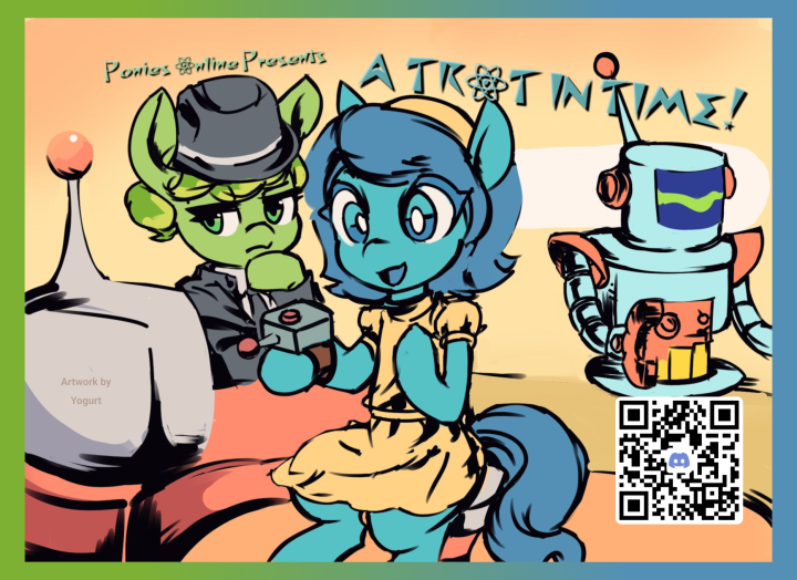 Size: 720x524 | Tagged: safe, artist:yogurt, derpibooru import, oc, unofficial characters only, robot, advertising, clothes, convention, dress, holopon, image, mascot, online, pixal, png, poniesonline, science fiction, suit