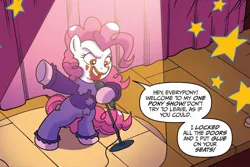 Size: 1126x750 | Tagged: safe, artist:tonyfleecs, derpibooru import, idw, pinkie pie, earth pony, pony, ponies of dark water, spoiler:comic, spoiler:comic44, dialogue, female, g4, image, jpeg, mare, microphone, microphone stand, pinkie joker, solo, speech bubble