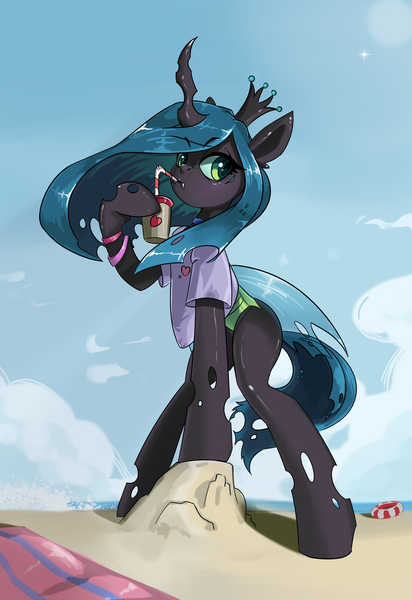 Size: 1944x2828 | Tagged: safe, artist:i love hurt, derpibooru import, queen chrysalis, changedling, changeling, pony, beach, female, g4, image, mare, morning, png, sand, solo, solo female, wings