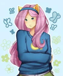 Size: 1500x1800 | Tagged: safe, artist:datpuppiartist, derpibooru import, fluttershy, equestria girls, clothes, fake ears, female, image, looking at you, png, pony ears, solo, sweater, wondercolts