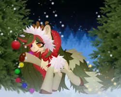 Size: 1280x1027 | Tagged: safe, derpibooru import, oc, unofficial characters only, earth pony, pony, 2021, balls, christmas, christmas tree, cute, digital art, hat, holiday, horns, image, my little pony, night, nudity, original art, png, santa hat, snow, snowfall, tree, winter