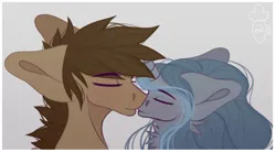Size: 620x342 | Tagged: safe, derpibooru import, oc, oc:moonlight chamomile, oc:wooden broadsword, unofficial characters only, alicorn, pegasus, pony, alicorn oc, bust, couple, duo, duo male and female, female, horn, image, kissing, love, male, original character do not steal, pegasus oc, png, portrait, romantic, wings