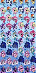 Size: 445x900 | Tagged: safe, artist:marybellamy, derpibooru import, applejack, fluttershy, pinkie pie, princess cadance, princess celestia, princess flurry heart, princess luna, rainbow dash, rarity, starlight glimmer, twilight sparkle, alicorn, earth pony, pegasus, unicorn, face, female, heart, image, jpeg, lanyard, mane six, royal sisters, siblings, sisters, smiling, stars