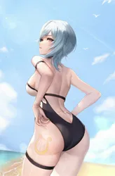 Size: 1414x2160 | Tagged: safe, artist:kie, derpibooru import, edit, editor:shadowdream, lyra heartstrings, human, armband, background human, breasts, choker, clothes, cloud, cute, cutie mark, day, eyeshadow, female, image, jpeg, legband, looking at you, makeup, missing horn, multiple variants, outdoors, solo, solo female, standing, swimsuit, tattoo