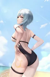Size: 1414x2160 | Tagged: safe, artist:kie, derpibooru import, edit, editor:shadowdream, lyra heartstrings, human, armband, background human, breasts, choker, clothes, cloud, cute, cutie mark, day, eyeshadow, female, image, jpeg, legband, looking at you, makeup, missing horn, multiple variants, outdoors, solo, solo female, standing, swimsuit
