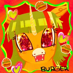 Size: 1080x1080 | Tagged: safe, artist:ombnom, derpibooru import, oc, oc:burger mare, unofficial characters only, unicorn, art, burger, colorful, digital art, food, image, jpeg, kinsona, red background, simple background