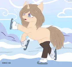 Size: 1608x1500 | Tagged: safe, artist:ghou1ss, derpibooru import, oc, oc:arina, unofficial characters only, pony, unicorn, blank flank, boots, clothes, cloud, commission, female, ice, ice skates, ice skating, image, mare, open mouth, png, raised hoof, raised leg, scar, shoes, snow, socks, solo, stockings, thigh highs, ych result