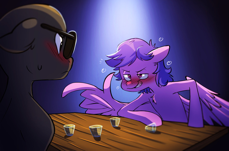 Size: 1280x841 | Tagged: safe, artist:chub-wub, derpibooru import, firefly, oc, oc:anon, earth pony, pegasus, pony, alcohol, blushing, drink, drunk, duo, female, finger gun, glass, grin, image, jpeg, male, mare, shot, shot glass, smiling, stallion, sunglasses, table, tipsy, wing hands, wings